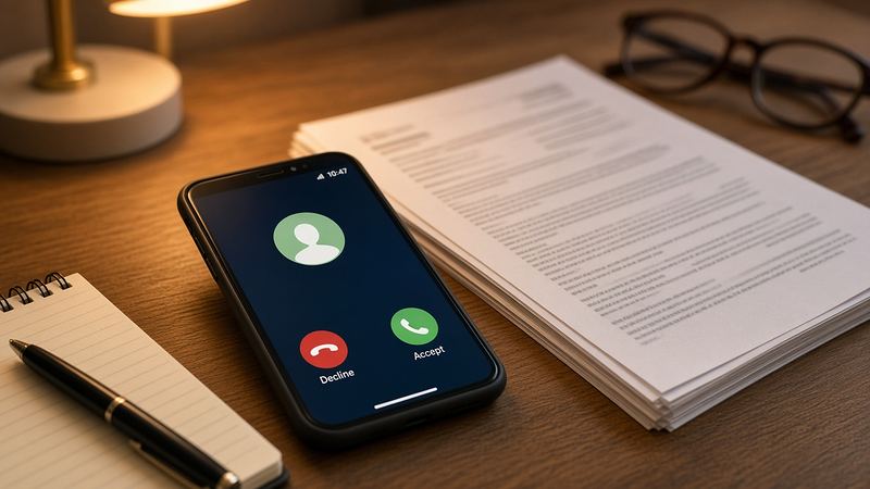 A smartphone showing an incoming call beside a stack of insurance claim papers, a notepad and glasses