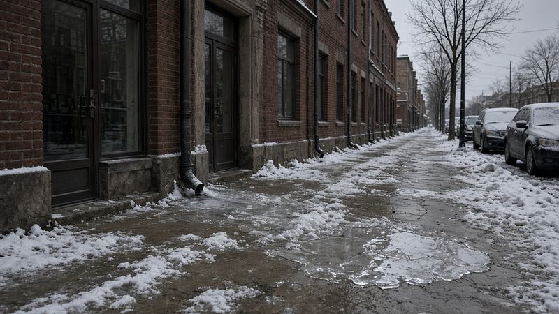 An icy, partly snow-covered sidewalk in front of a row of brick buildings, with glare ice near a downspout