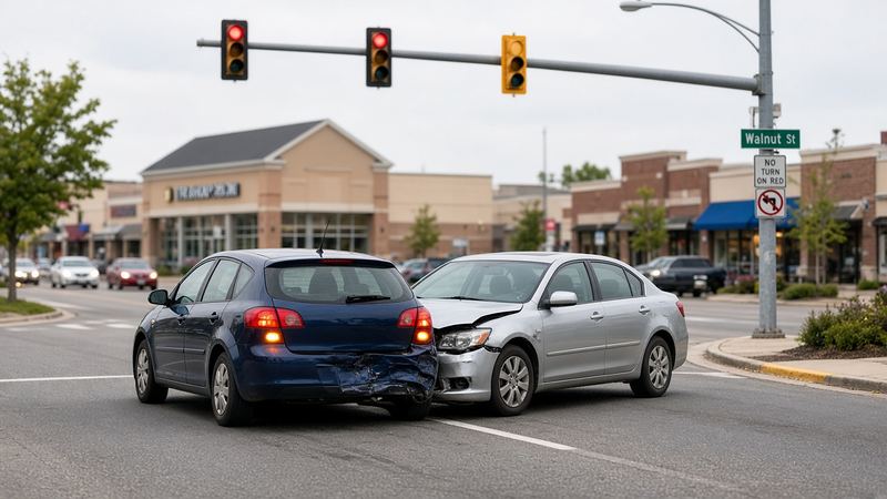 Two cars stopped at a suburban city intersection after a rear-end collision, one with a crumpled front bumper and one with a dented rear bumper