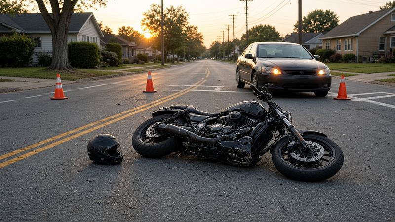 A black motorcycle lying on its side on a neighborhood street with a helmet beside it, traffic cones, and a stopped car