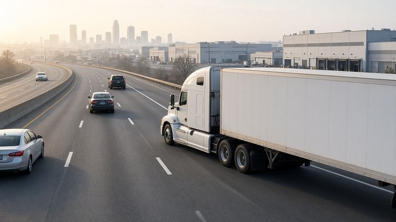 A white semi tractor-trailer traveling on a city interstate past warehouses with a downtown skyline in the haze
