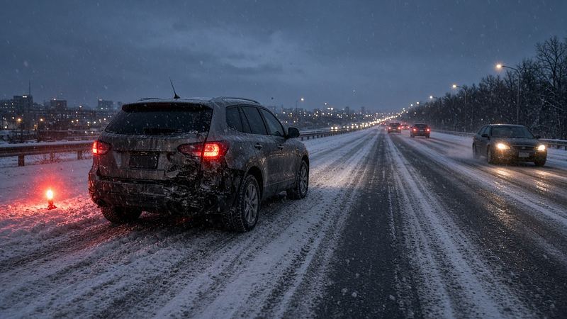 A damaged SUV on the snowy shoulder of a city highway at dusk with hazard lights on and a road flare behind it