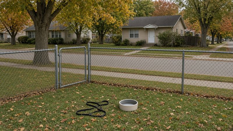 A residential front yard with a chain-link fence, a partly open gate, an empty leash and a water bowl